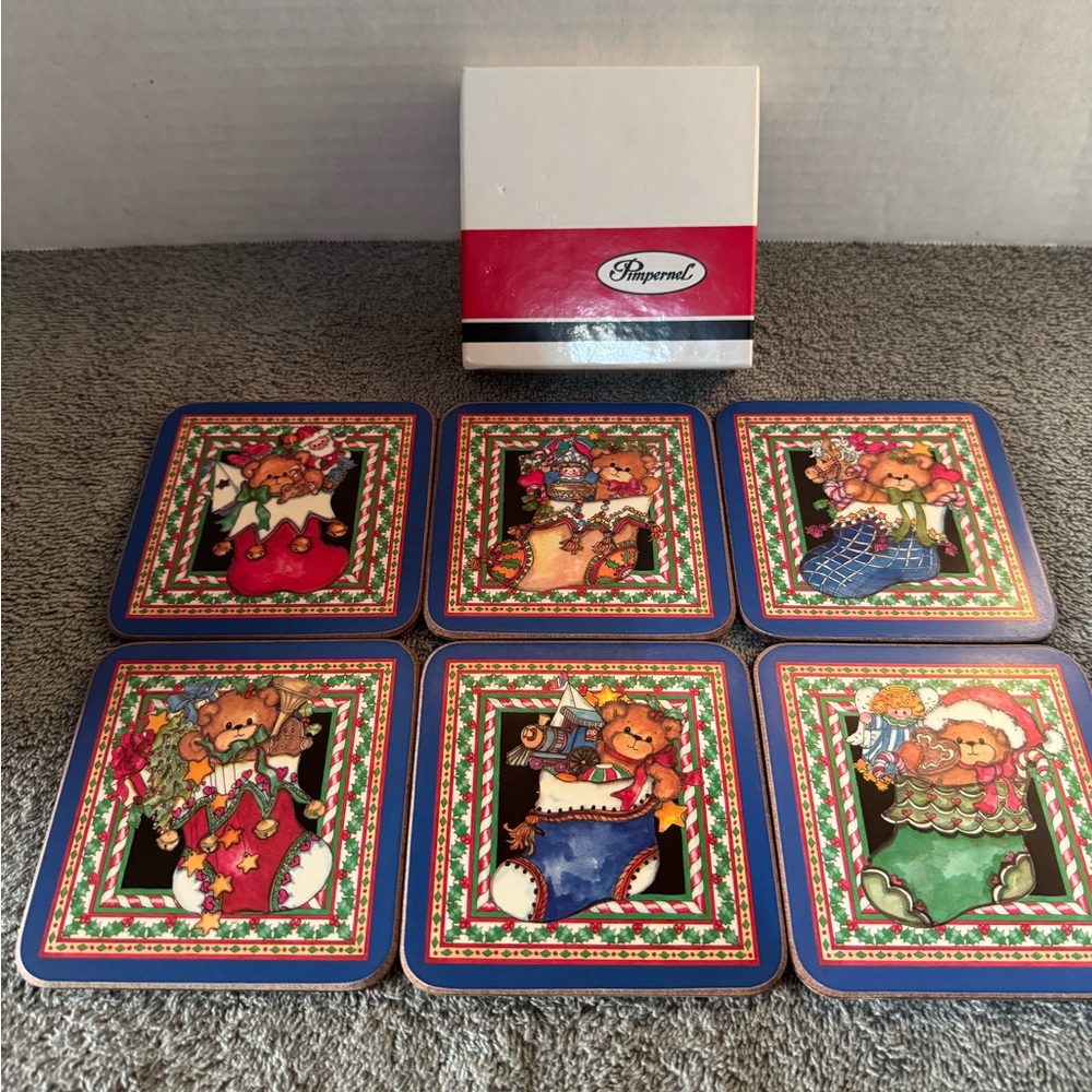 Pimpernel Christmas Bears Coasters Set of 6 4.25” Square Original Box Vintage